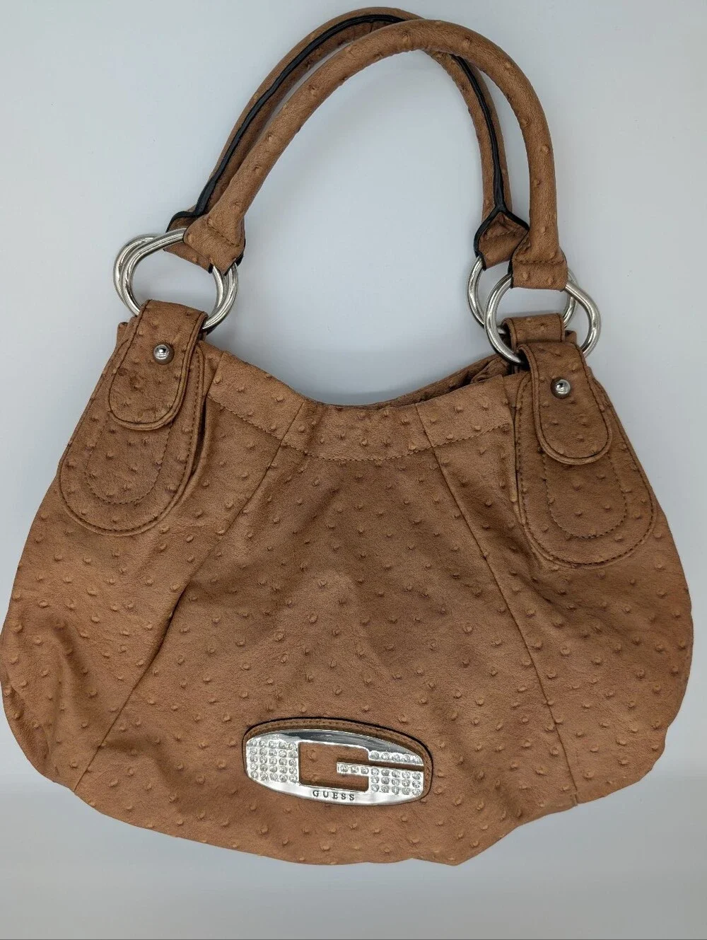 GUESS Faux Ostrich Embossed Leather Hobo Bag Tote Vintage Y2K Rhinestone G Logo